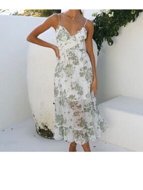 Hello Molly White and Sage Green Floral Midi Slip Dress